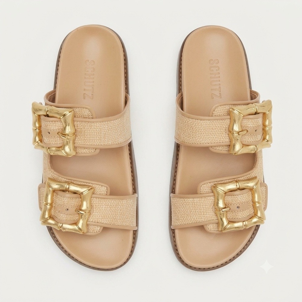 Schutz Enola Women 8 Raffia Double Strap Slide Sandals Gold Bamboo Buckle Tan